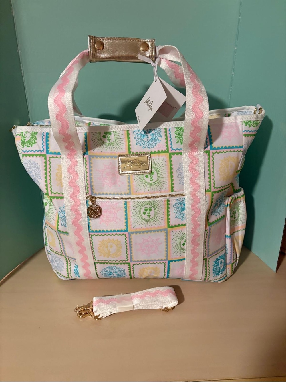 Lilly Pulitzer Cooler Bag Multi Pastel Print Gold NWT Patchwork